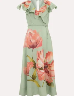 Linen Rich Floral V-Neck Midi Waisted Dress
