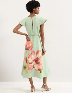 Linen Rich Floral V-Neck Midi Waisted Dress