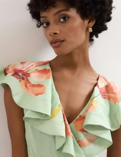 Linen Rich Floral V-Neck Midi Waisted Dress