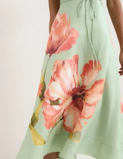 Linen Rich Floral V-Neck Midi Waisted Dress