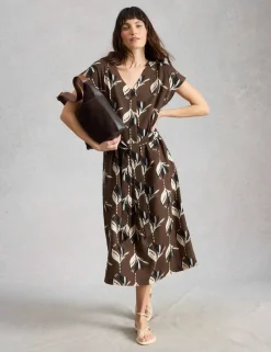 Linen Rich Floral V-Neck Midi Waisted Dress