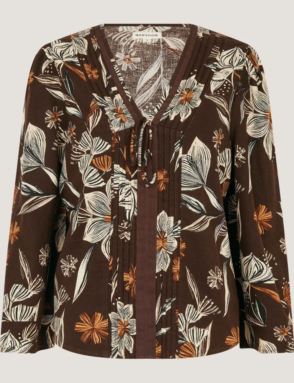 Linen Rich Floral V-Neck Tie Detail Blouse