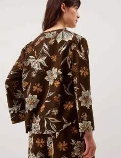 Linen Rich Floral V-Neck Tie Detail Blouse
