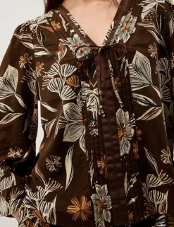 Linen Rich Floral V-Neck Tie Detail Blouse