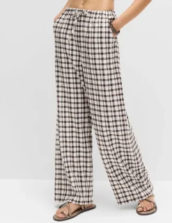 Linen Rich Gingham Wide Leg Trousers