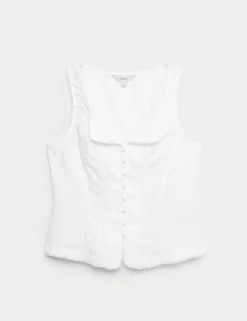 Linen Rich Lace Insert Button Detail Blouse