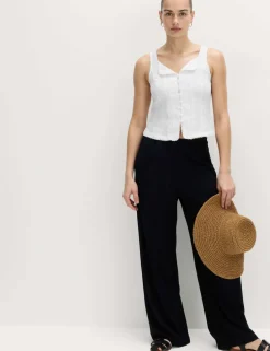 Linen Rich Lace Insert Button Detail Blouse