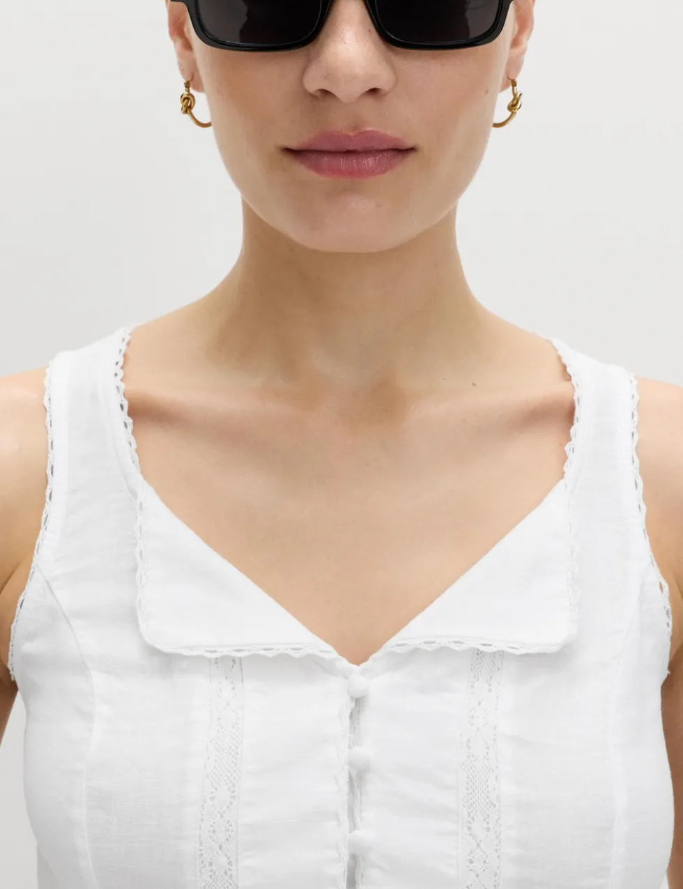 Linen Rich Lace Insert Button Detail Blouse
