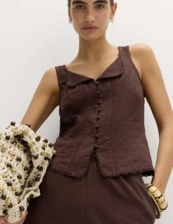Linen Rich Lace Insert Button Detail Blouse