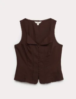 Linen Rich Lace Insert Button Detail Blouse
