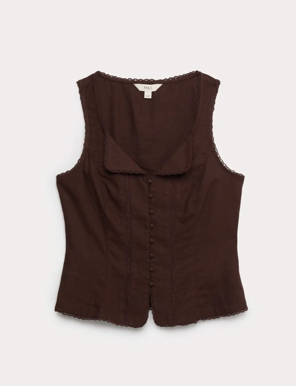 Linen Rich Lace Insert Button Detail Blouse