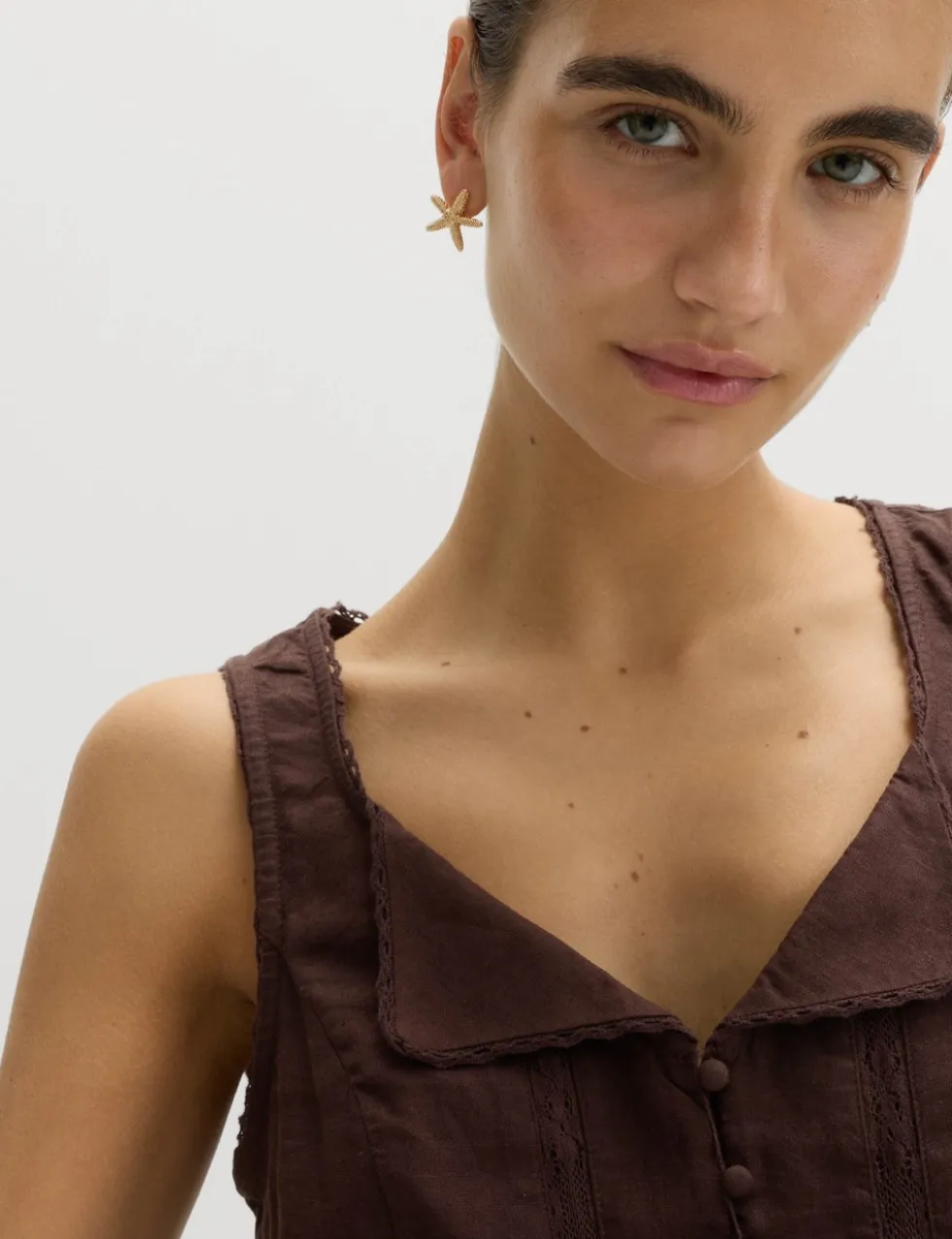 Linen Rich Lace Insert Button Detail Blouse