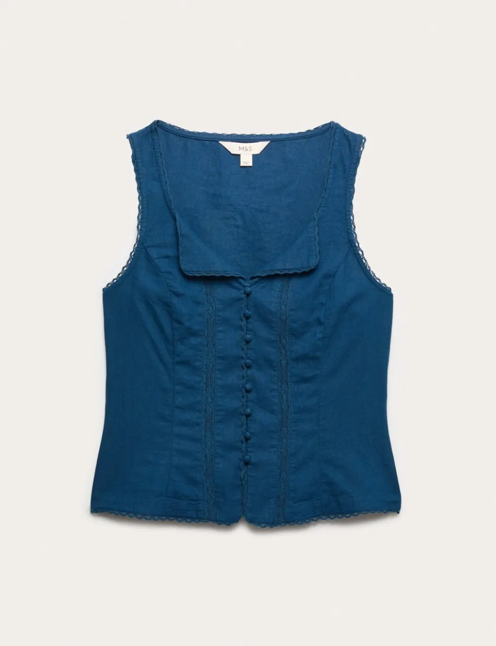 Linen Rich Lace Insert Button Detail Blouse