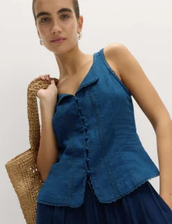 Linen Rich Lace Insert Button Detail Blouse