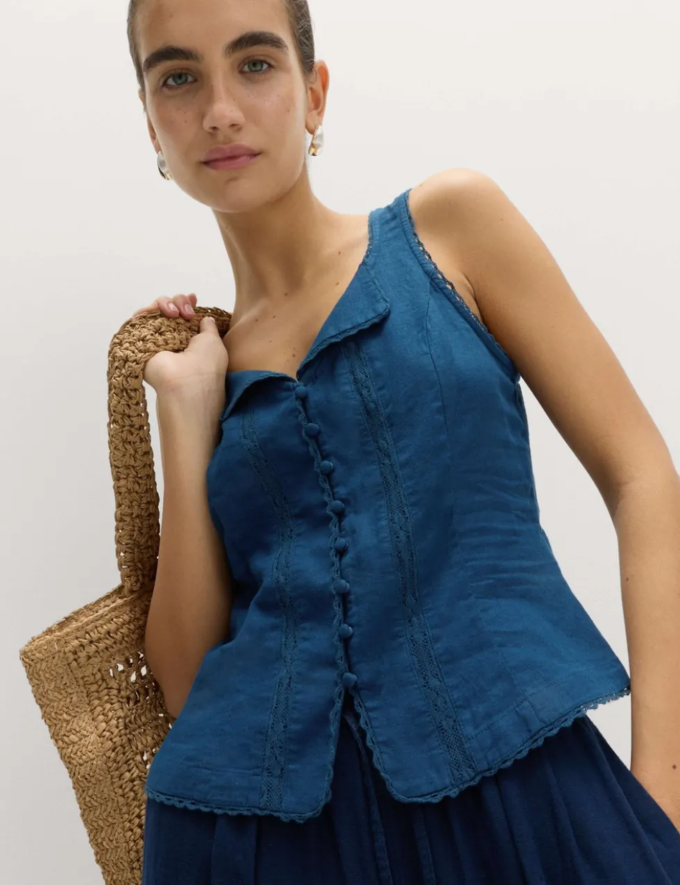 Linen Rich Lace Insert Button Detail Blouse