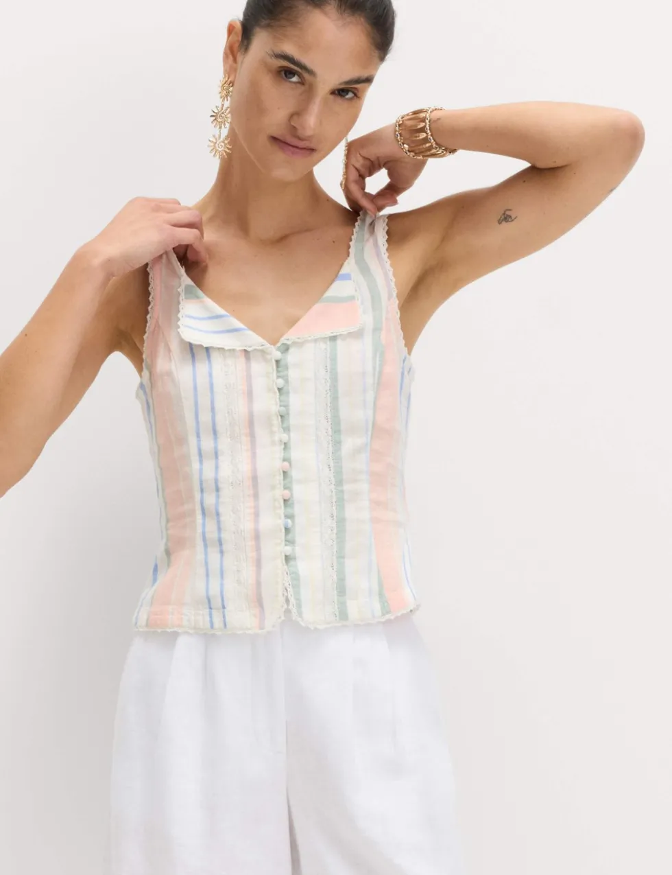 Linen Rich Lace Insert Corset Top