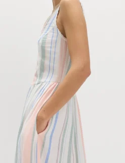 Linen Rich Lace Insert Strappy Midi Shift Dress