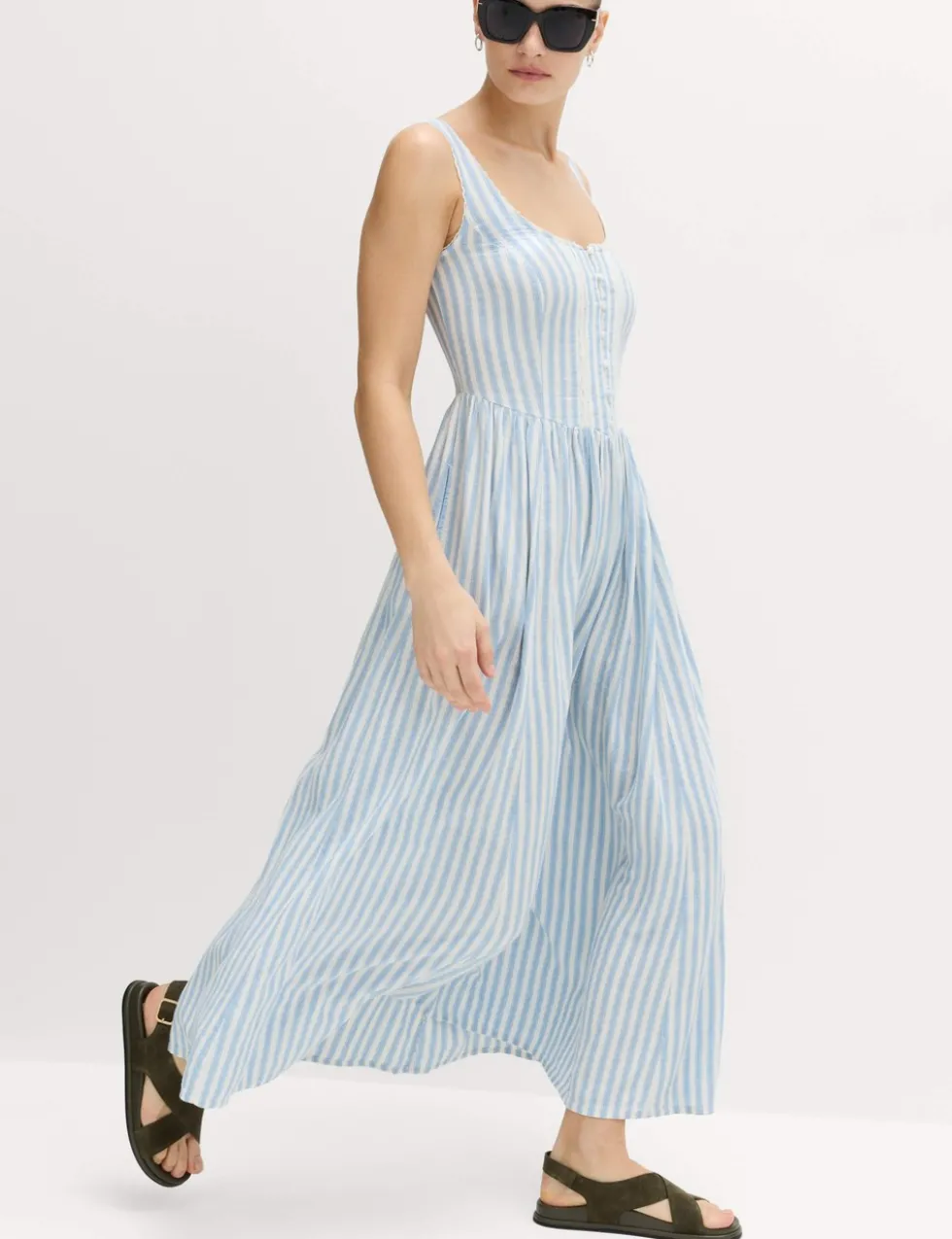 Linen Rich Lace Insert Strappy Midi Shift Dress