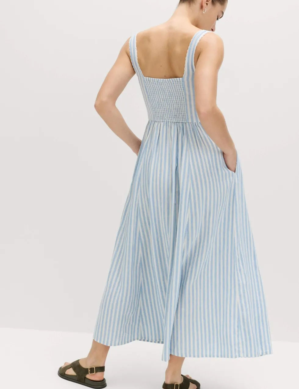 Linen Rich Lace Insert Strappy Midi Shift Dress