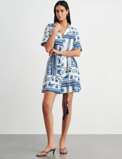Linen Rich Lovebird Print Mini Shirt Dress