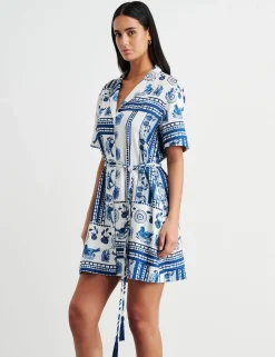 Linen Rich Lovebird Print Mini Shirt Dress