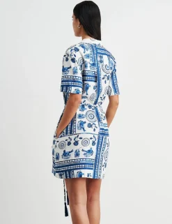 Linen Rich Lovebird Print Mini Shirt Dress