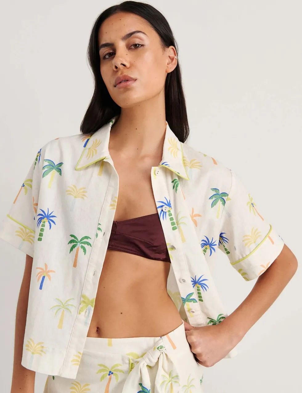 Linen Rich Palm Print Collared Shirt
