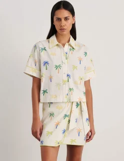 Linen Rich Palm Print Collared Shirt
