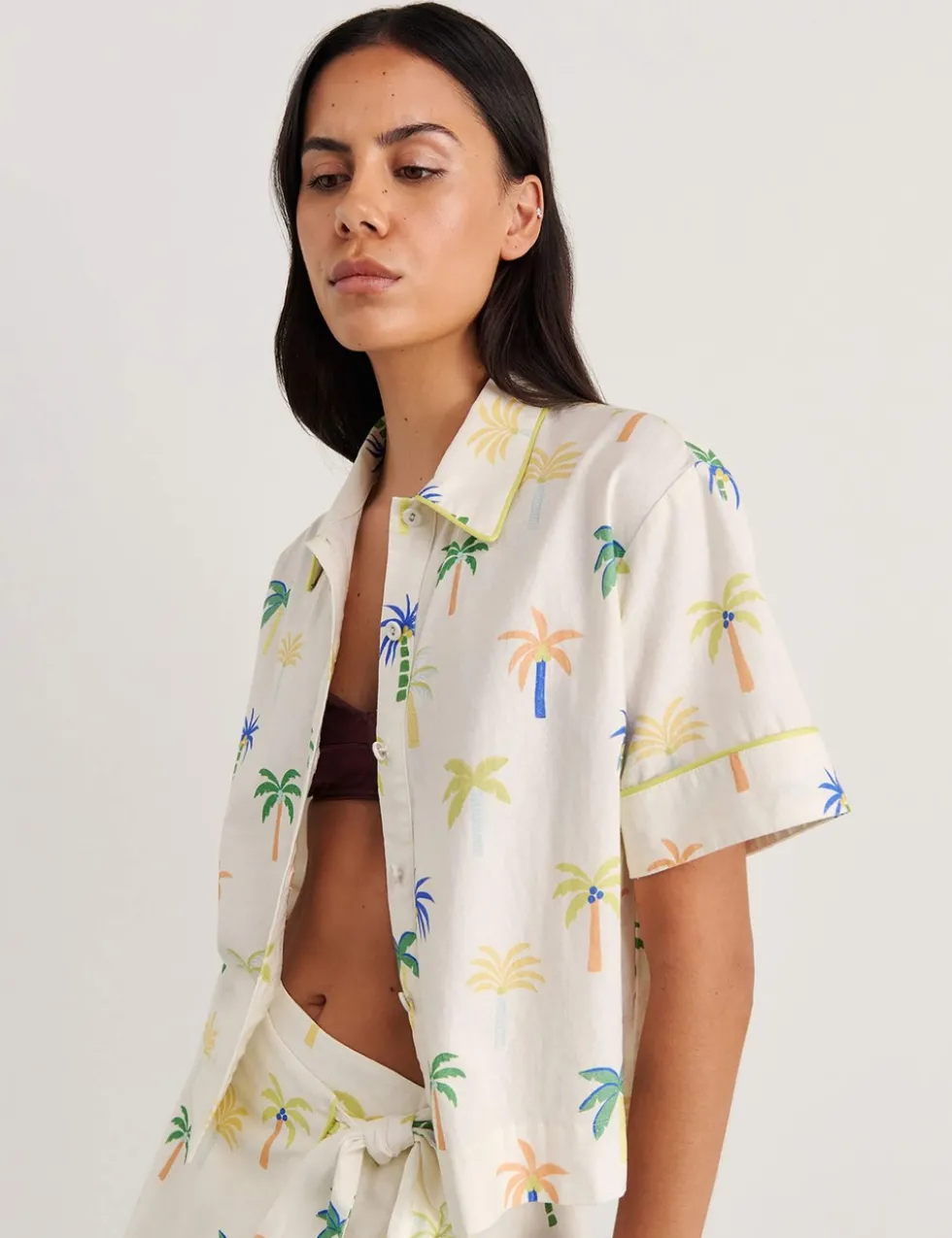 Linen Rich Palm Print Collared Shirt