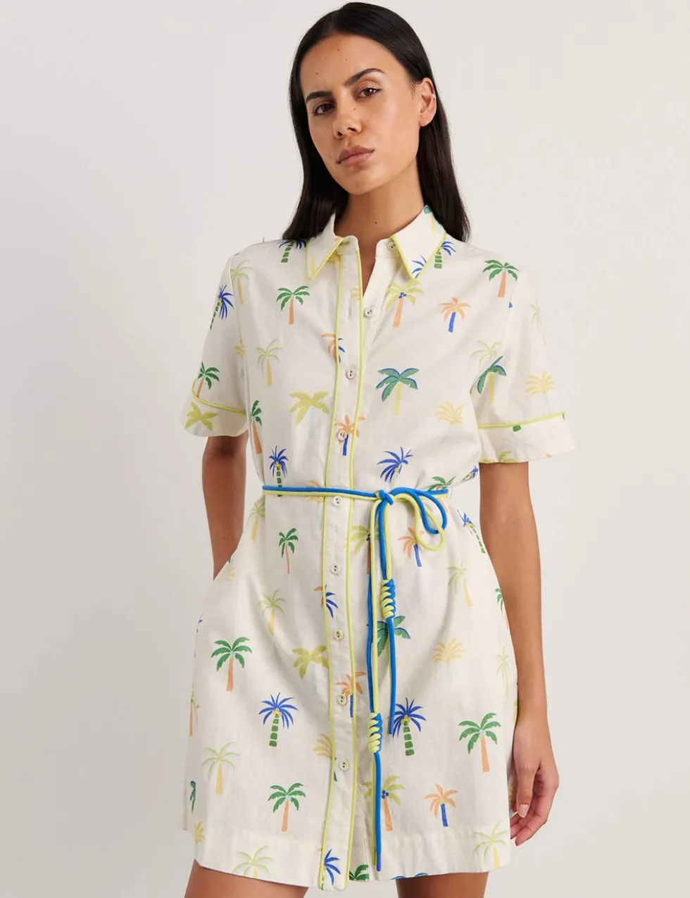Linen Rich Palm Tree Mini Shirt Dress