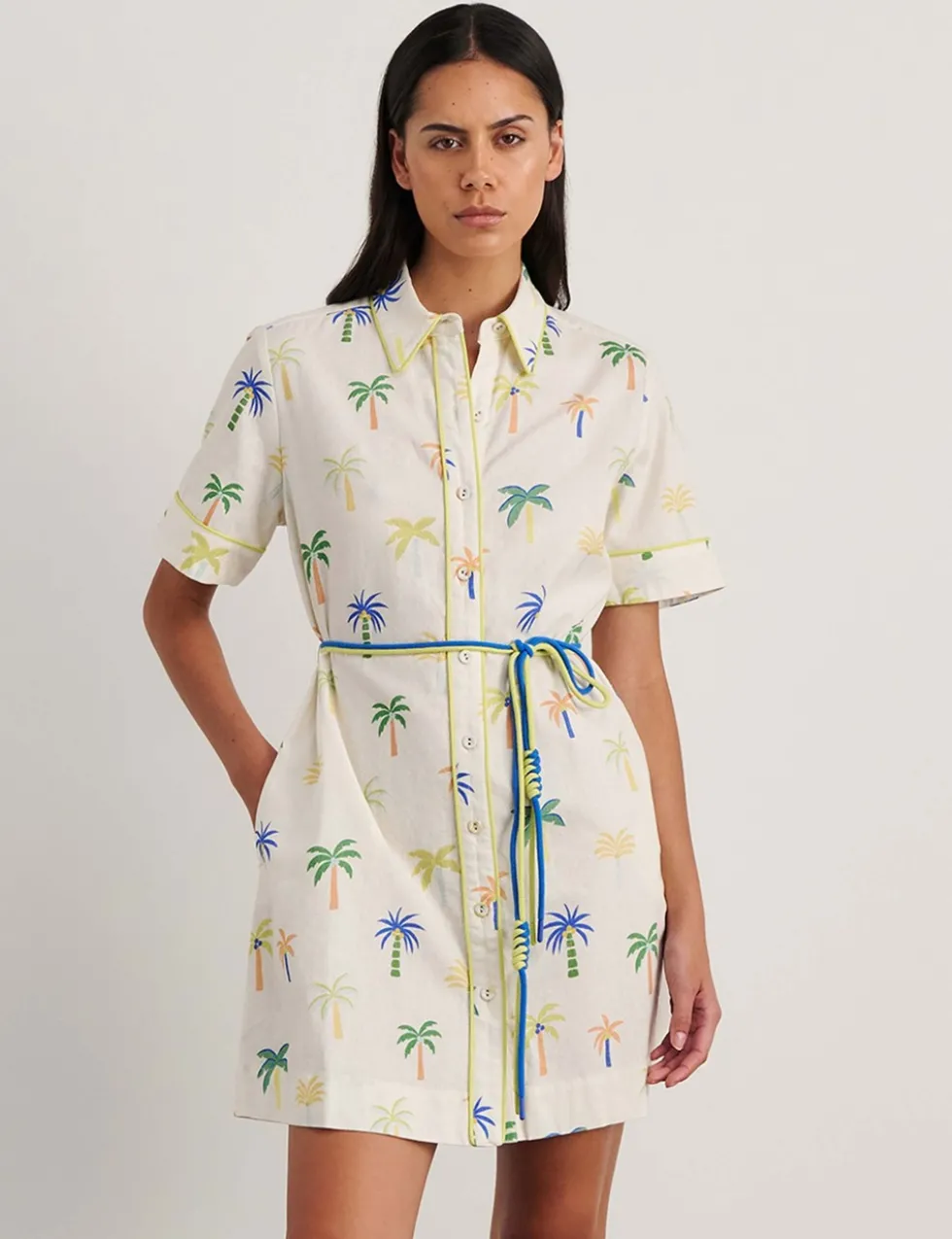 Linen Rich Palm Tree Mini Shirt Dress