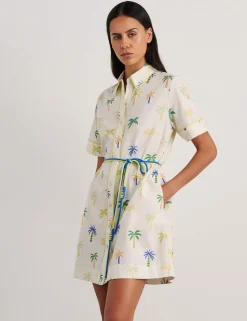 Linen Rich Palm Tree Mini Shirt Dress