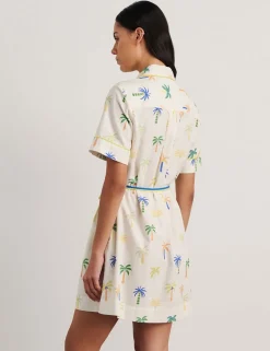 Linen Rich Palm Tree Mini Shirt Dress