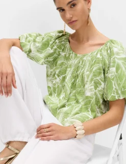 Linen Rich Pleated Puff Sleeve Top
