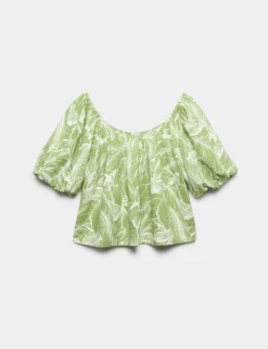 Linen Rich Pleated Puff Sleeve Top