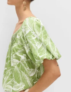 Linen Rich Pleated Puff Sleeve Top