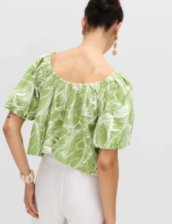 Linen Rich Pleated Puff Sleeve Top