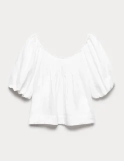 Linen Rich Pleated Puff Sleeve Top