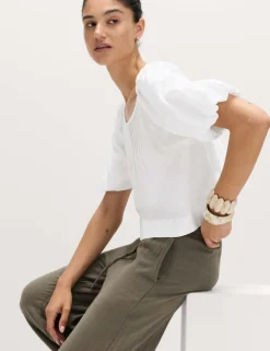 Linen Rich Pleated Puff Sleeve Top