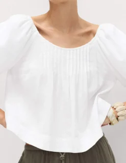 Linen Rich Pleated Puff Sleeve Top