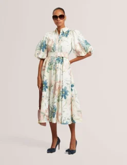 Linen Rich Print Puff Sleeve Midi Shirt Dress