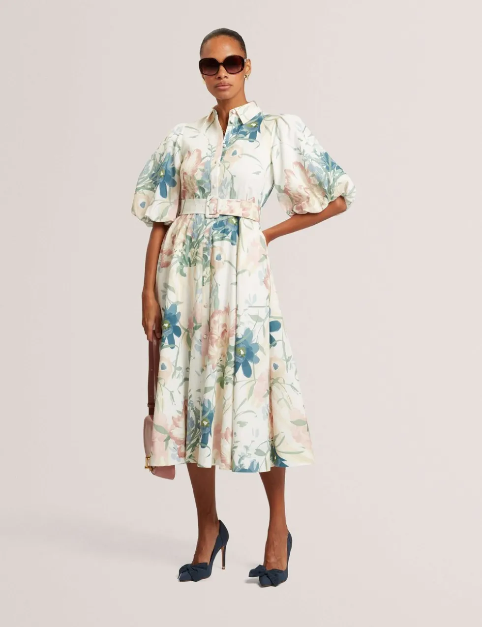 Linen Rich Print Puff Sleeve Midi Shirt Dress