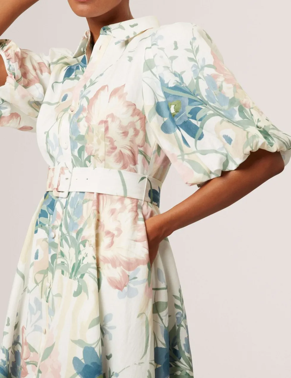 Linen Rich Print Puff Sleeve Midi Shirt Dress