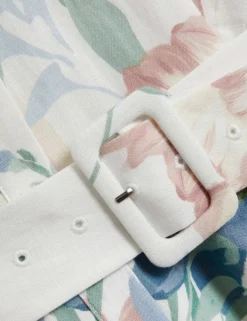 Linen Rich Print Puff Sleeve Midi Shirt Dress