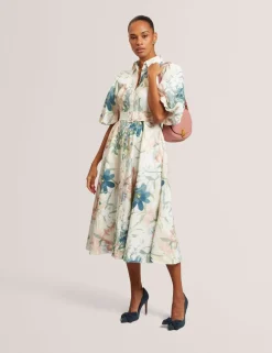 Linen Rich Print Puff Sleeve Midi Shirt Dress
