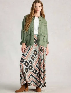 Linen Rich Printed Maxi A-Line Skirt