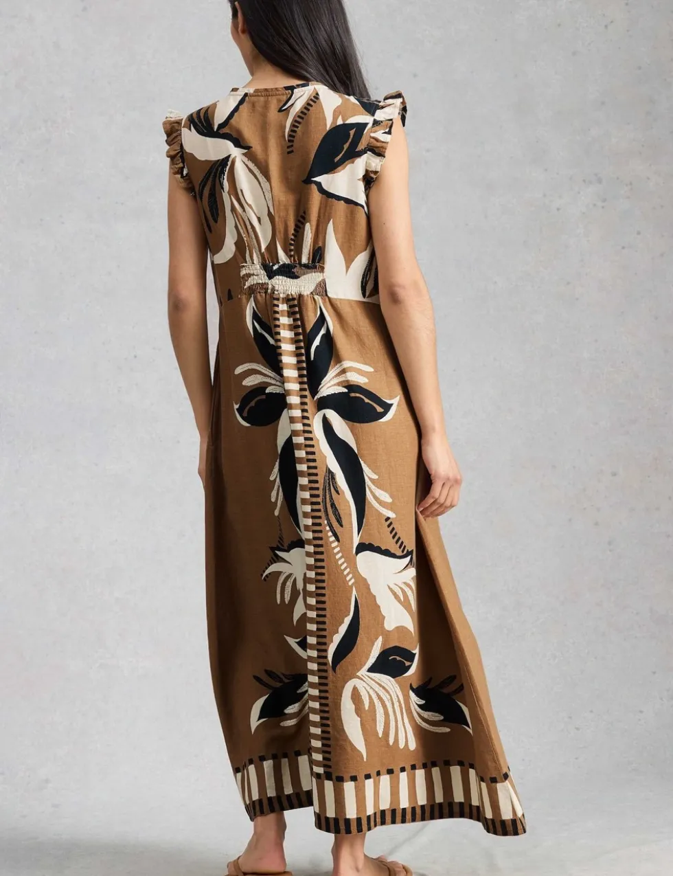 Linen Rich Printed Maxi Waisted Dress