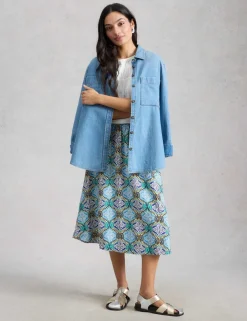 Linen Rich Printed Midi A-Line Skirt