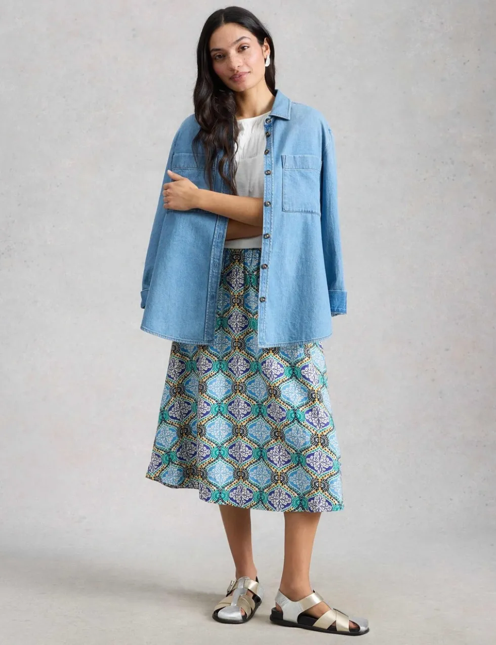 Linen Rich Printed Midi A-Line Skirt