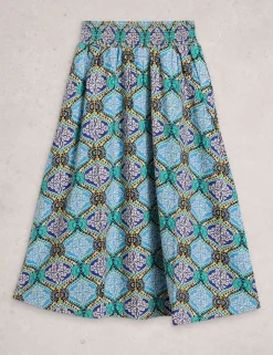 Linen Rich Printed Midi A-Line Skirt